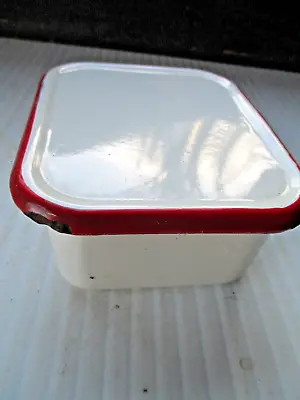 White & Red Enamelware Refrigerator Enamel Storage Box W/ Lid Vintage • $14.99