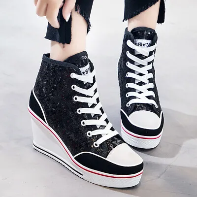 $38.99 • Buy New Lady's High Top Wedge Heel Sneakers Women Pumps Lace Up Canvas Sport Shoes
