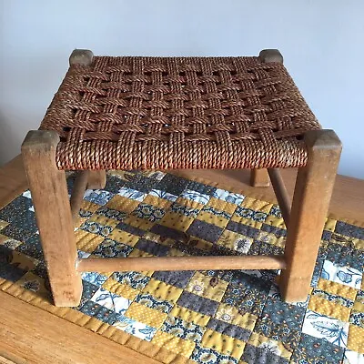 £9.95 • Buy Vintage Wooden Frame Woven Rattan Seat Stool Footstool - Project Piece