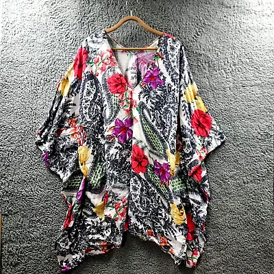 Beme Womens Kaftan Top Size M-L Multicoloured Floral Paisley Short Sleeve V-Neck • $19.95