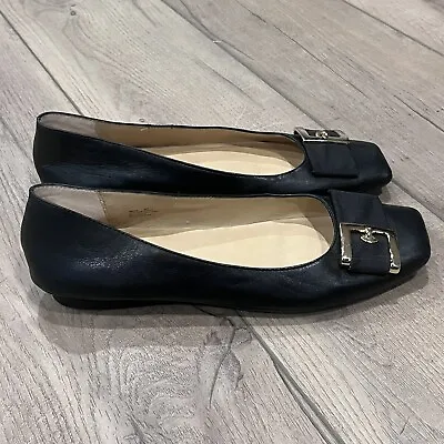 ME TOO Size 9 Women NIOMI Black Leather Square Toe Large Gold Buckle Flats • $19.95