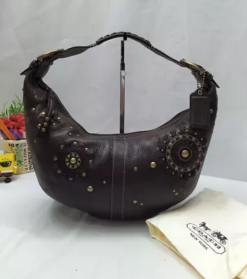 Coach Mia Brown Pebbled Leather Studded Woven Flower Limited Edition Hobo Bag • $165