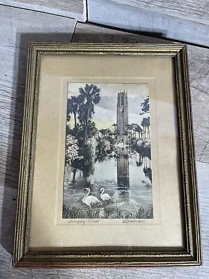 1930’s Hand Tinted Etching Singing Tower Framed Signed EG Barnhill 6 3/4x8 3/4” • $95