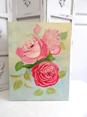 Fabulous OLD Vintage Pink Roses 11 X14  Oil Painting On Canvas • $40