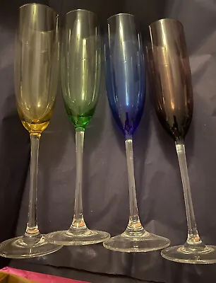 $49.99 • Buy Set Of 4 Tall Multi-Color Champagne Flutes Vintage Amber, Plum, Green, Blue -New