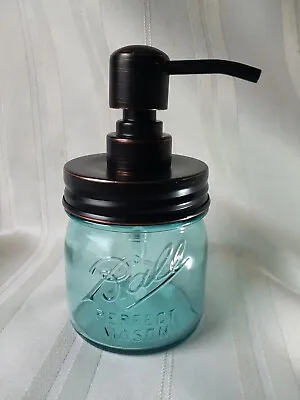 BALL MASON Jar 1/2 HALF Pint SOAP PUMP Dispenser~ STAINLESS STEEL MINI Aqua Blue • $11.99