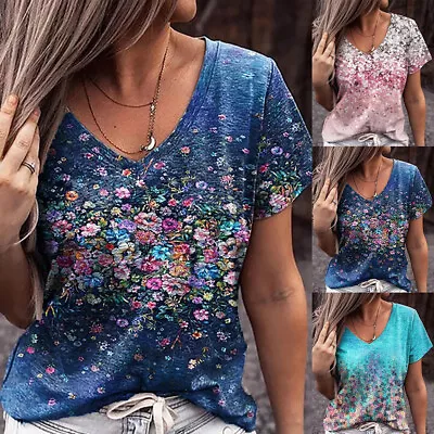 $13.39 • Buy Womens Casual Floral Print V Neck T Shirt Tops Ladies Short Sleeve Loose Blouse