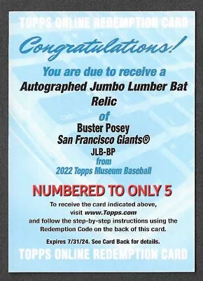 BUSTER POSEY 2022 Museum Collection #/5 Autographed Jumbo Lumber Bat Relics RARE • $1999.99