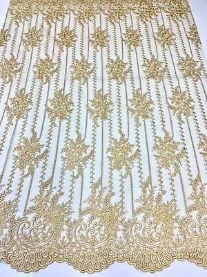 Gold Flowers Floral Lace Fabric By The Yard/ Embroider Fabric/ Mesh Fabric/  • $24.40