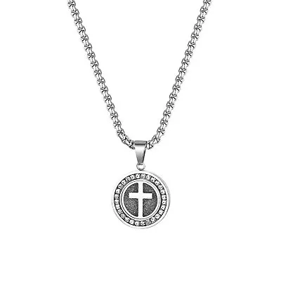 $10.99 • Buy Men's Stainless Steel Cross Round Pendant With CZ Chain Prayer Necklace 22''