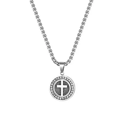 $10.99 • Buy Men's Stainless Steel Cross Round Pendant With CZ Chain Prayer Necklace 22''