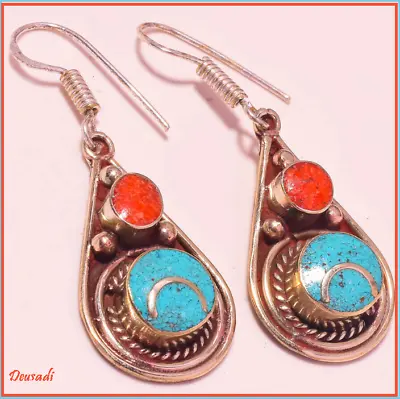 Tibetan Earrings Turquoise Coral Stones Bohemian Nepalese Jewelry Handmade • $33.09