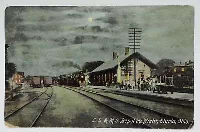 Lake Shore & Michigan Southern Railroad Depot At Night Elyria Ohio 1912 Postcard • $6.99