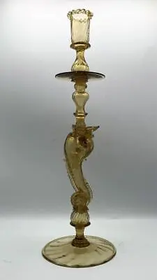 Tall  Amber & Gold Murano Salviati Venetian Glass Dolphin Stem Candlestick! • $370