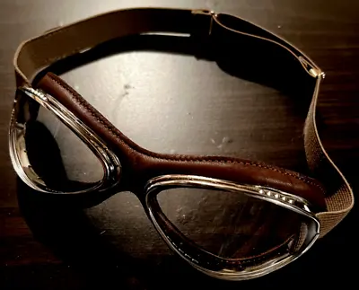 Aviator Motorcycle Goggles Brown Moleskin Leather Chrome Frame Clear Lens (NEW) • $74.98