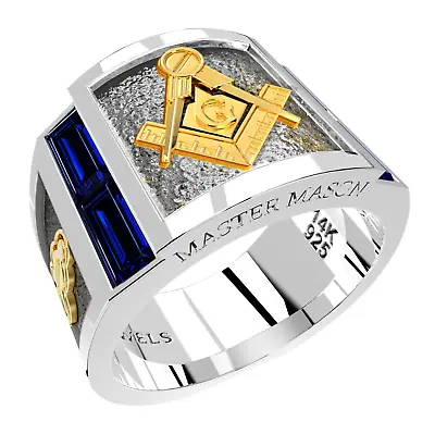 Men's Master Mason Sterling Silver & 14k Yellow Gold Synthetic Sapphire Ring • $349.99