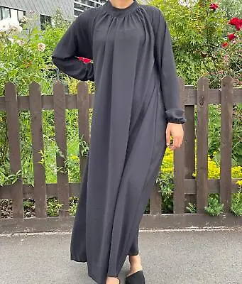 £17.58 • Buy Womens Plain Black Abaya Gathered Neck Long Dress Ladies Crepe Fabric New Design