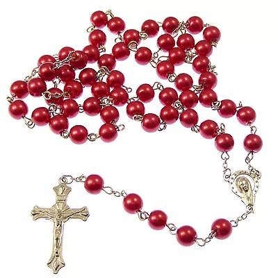 Christian Red Metal Long Rosary Beads Our Lady Center Prayer Necklace Gift • £4.99