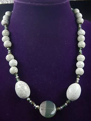 Vintage STERLING SILVER & GREEN CERAMIC BEADS AND QUARTZ Necklace • $14.88