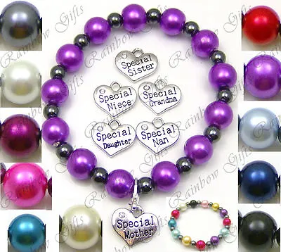 Personalised Glass Bead Stretch Bracelet Select Design & Colour Hematite Beads • £3.10