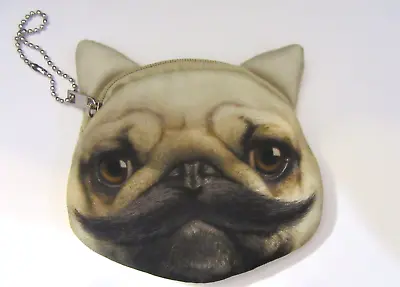 Coin Purse- DOG FACE- Pug With Mustache - Brown- Zipper • $6.99