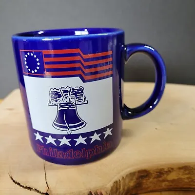 Liberty Bell Mug Cup Blue Philadelphia Souvenir Coffee Stars Vintage 1980's Flag • $7.23
