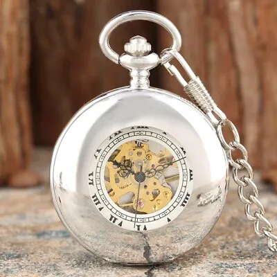 Mens Pocket Watch Mechanical Silver Classic Half Hunter Skeleton Retro Chain • $27.99