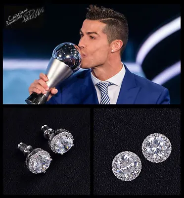 £8.95 • Buy Mens Ronaldo Oversized BLING 10mm 18ct White Gold Plate Crystal Diamond Earrings