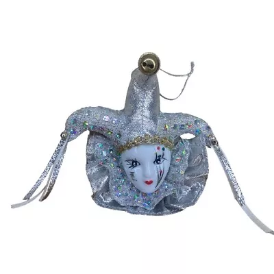 Mardi Gras Ceramic Masquerade Mask Silver And White Jester Refrigerator Magnet • $12