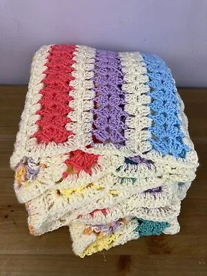 £22.99 • Buy Vintage Crochet Blanket Throw Stripe Pattern Retro Lap Granny Blanket Cottage