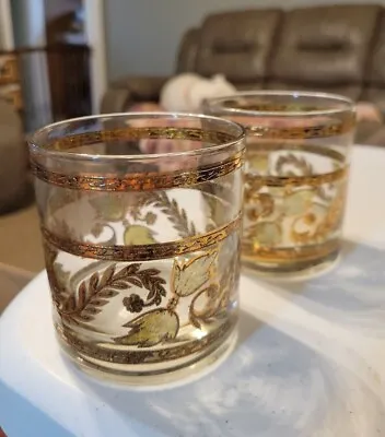 2 Culver Valencia Rocks Glass Gold Green Leafs Old Fashioned Whiskey Vintage H • $15