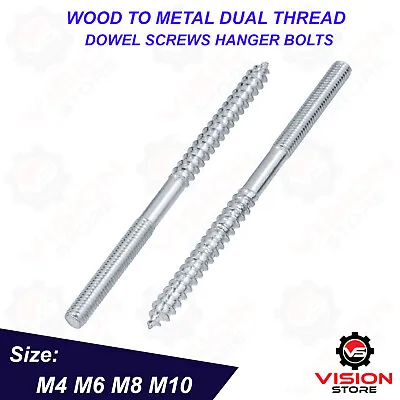 M4 M6 M8 Steel Wood To Metal Dowels Hanger Bolts Dual Thread Screws Furniture • £2.78