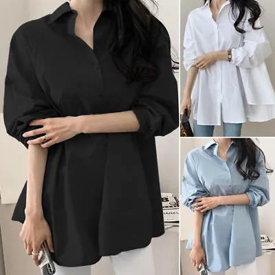 Womens Collared Longline Shirt Tee Long Sleeve Office Ladies Tops Tunic Blouse • £9.39