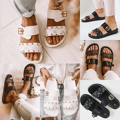 £11.99 • Buy New Womens Ladies Summer Logo Strappy Comfort Sandals Shoes Slip On Flat Size   