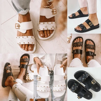 £11.99 • Buy New Womens Ladies Summer Logo Strappy Comfort Sandals Shoes Slip On Flat Size   