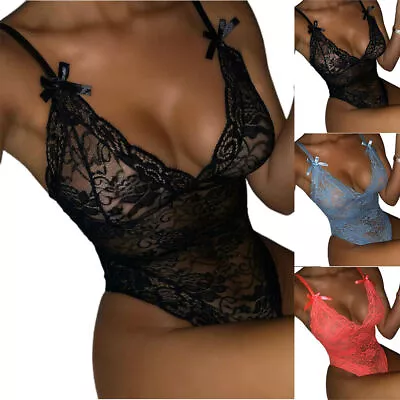 Women Lace Deep V-Neck Mesh Bodysuit Sexy Playsuit Lingerie Underwear Nightwear/ • £10.51