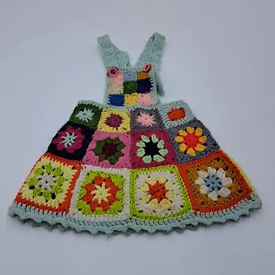 Vintage Crochet Apron Dress Baby Doll Childs Square Quilted Pinafore Bib Patches • $24