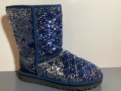 UGG Australia Classic Short Blue Sequin Textile Boot USA 7 EUR 38 NEW • $159.95