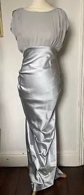 DAMSEL IN A DRESS Pale Silver Grey Long Column Maxi Dress Silk Satin UK 10 • £45