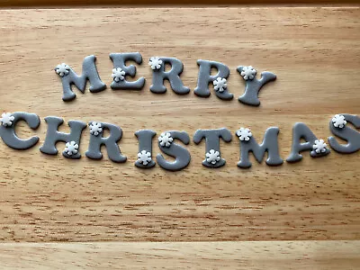 Edible Sugarpaste  Cake Topper - Merry Christmas Silver Shimmer With Snowflakes • £5.99