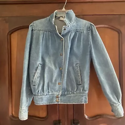 Vintage Blue Denim Jean Jacket Pleated Shoulder Women's Small Bomber 1980s 70s • $16.99