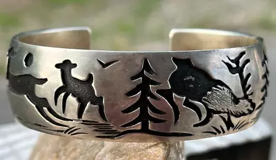 Vintage Hopi Overlay Cuff Bracelet With Deer Marked  J  And  Sterling  • $175