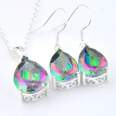 Teardrop Rainbow Mystic Fire Topaz Gemstone Silver Necklace Pendants Jewelry Set • $10.77