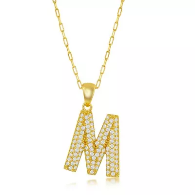 Micro Pave CZ  'M'  Block Initial W/ Paperclip Chain - Gold Plated • $90