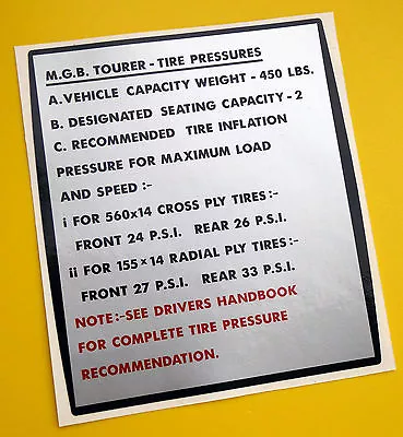 MGB Vintage Early Style TIRE (TYRE) PRESSURE Info Sticker Decal Gloss Laminated • $4.27