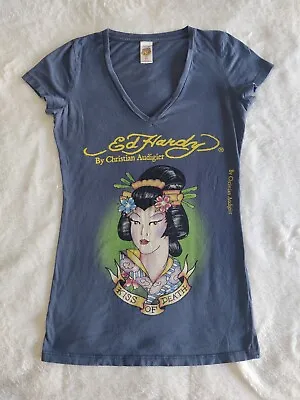 Ed Hardy By Christian Audigier T Shirt Women's Size Medium Y2K Blue Tee • $21