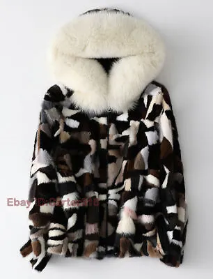 Natural Real Fashion Mink Fur Coat With Fox Fur Hood Women's Multicolor Jacket • $243