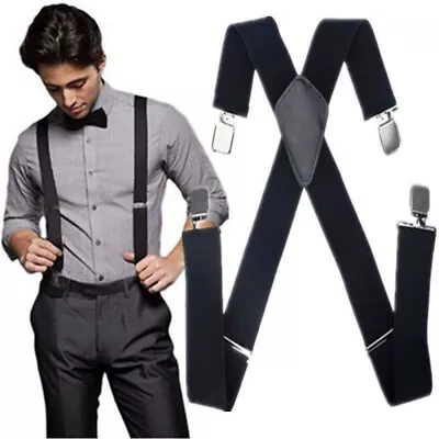 $7.58 • Buy Mens Heavy Duty Clip On Work Trouser Braces Elasticated All Black Suspenders