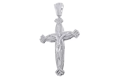 Diamond Simulant Crucifix Cross Pendant 14K White Gold Plated 925 Sterling • $194.29