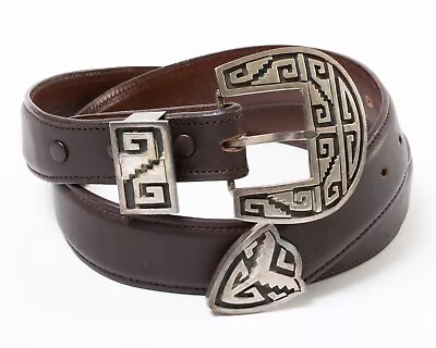 Vintage Taxco Mexico Sterling Silver Buckle Set & Leather Belt Signed TH-38 • $200.24